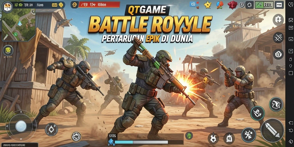 Screenshot gameplay QTGAME menampilkan momen menegangkan dalam pertarungan Battle Royale.