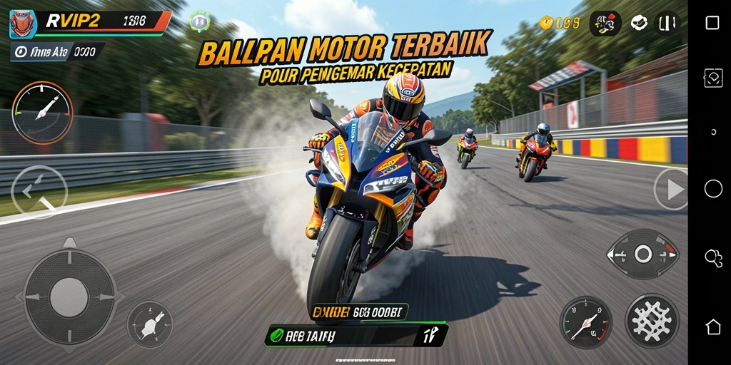 Tangkapan layar gameplay RVIP2 menampilkan balapan motor yang seru dan cepat.